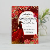 Rode Bloemen Jurk Vlinder Quinceanera Goud Folie Uitnodiging (Staand Voorkant)
