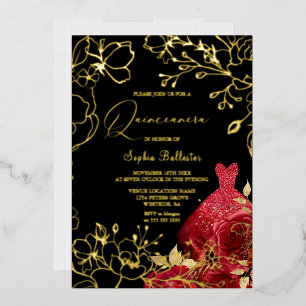 Rode bloemen & jurk Zwart Quinceanera Gouden blade Folie Uitnodiging