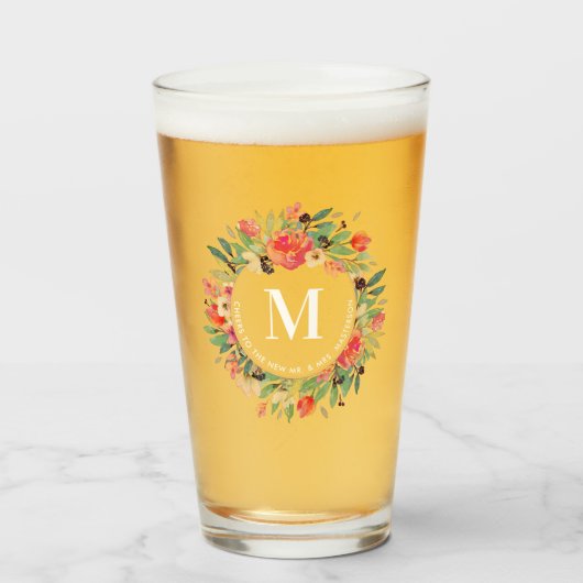 Rode Bloemen Kerst Krans Monogram Glas (Voorkant gevuld)