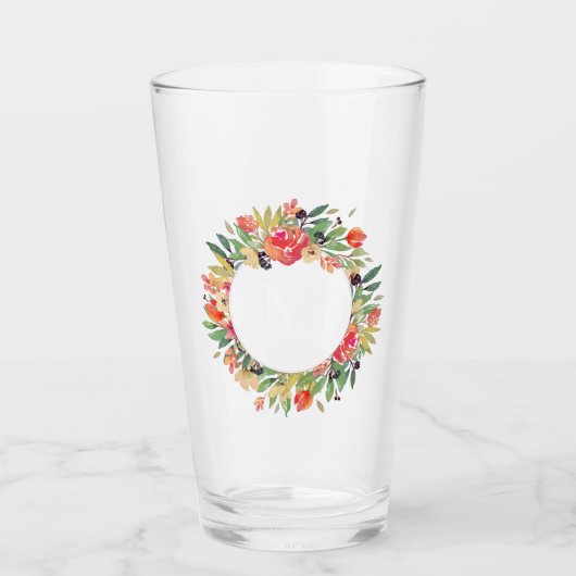 Rode Bloemen Kerst Krans Monogram Glas (Voorkant)
