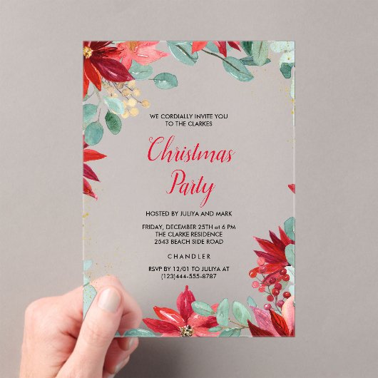 Rode Bloemen Kerstfeest Acryl Uitnodigingen (Insitu (Draagbaar))