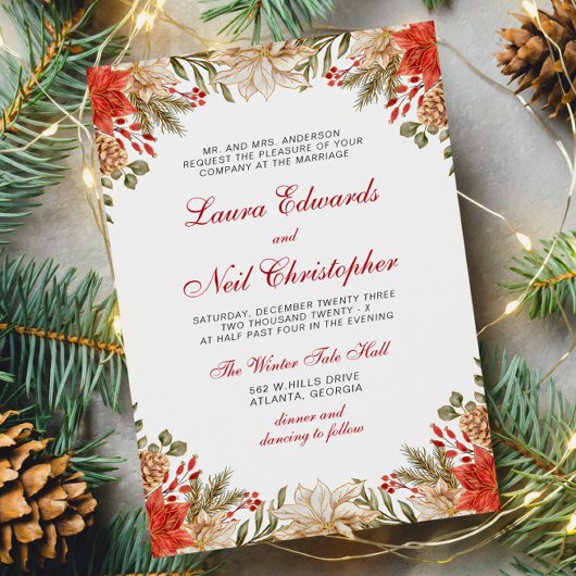 Rode Bloemen Kerstmis Winter Bruiloft Kaart