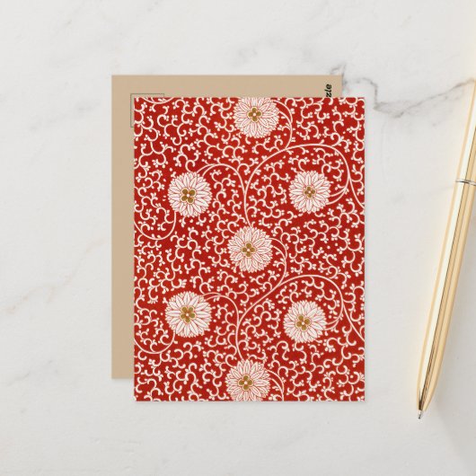 Rode Bloemen Levendig  Klassiek Patroon Briefkaart (Voorkant / Achterkant in situ)