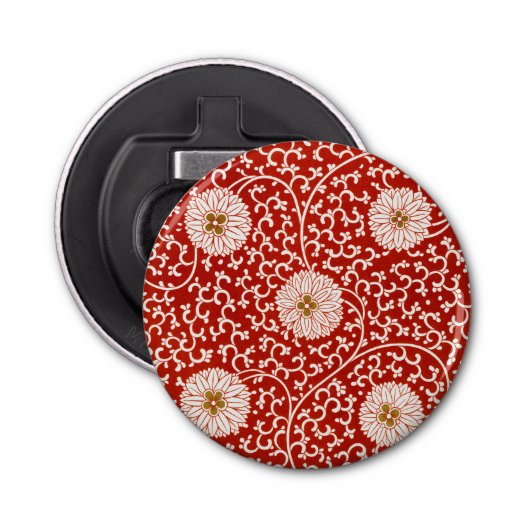 Rode Bloemen Levendig  Klassiek Patroon Button Flesopener (Voorkant)