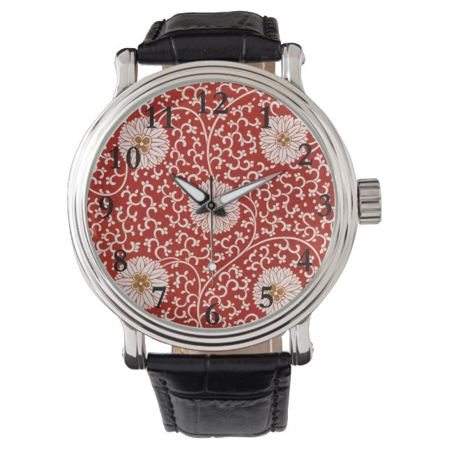 Rode Bloemen Levendig  Klassiek Patroon Horloge (Voorkant)