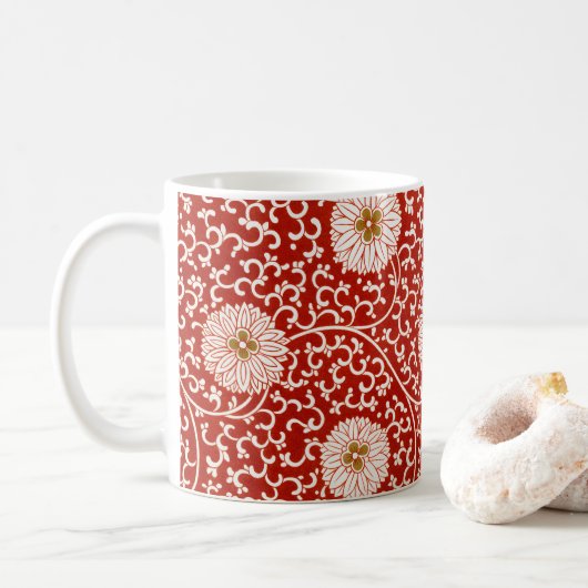 Rode Bloemen Levendig  Klassiek Patroon Koffiemok (Met donut)
