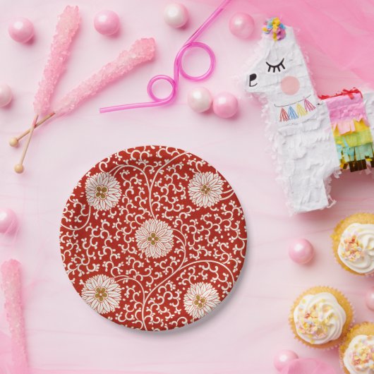 Rode Bloemen Levendig  Klassiek Patroon Papieren Bordje (Feest)