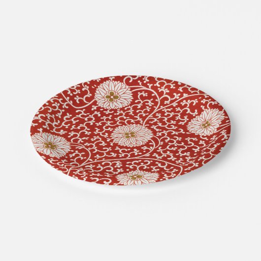 Rode Bloemen Levendig Klassiek Patroon Papieren Bordje (Gekanteld)