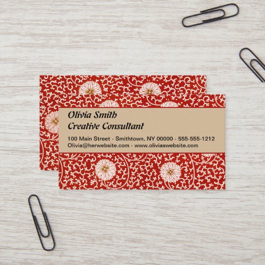 Rode Bloemen Levendig Klassiek Patroon Visitekaartje (Voorkant / Achterkant in situ)