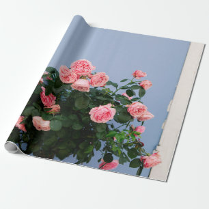 Rode bloemen met groene bladeren op blauwe wand cadeaupapier