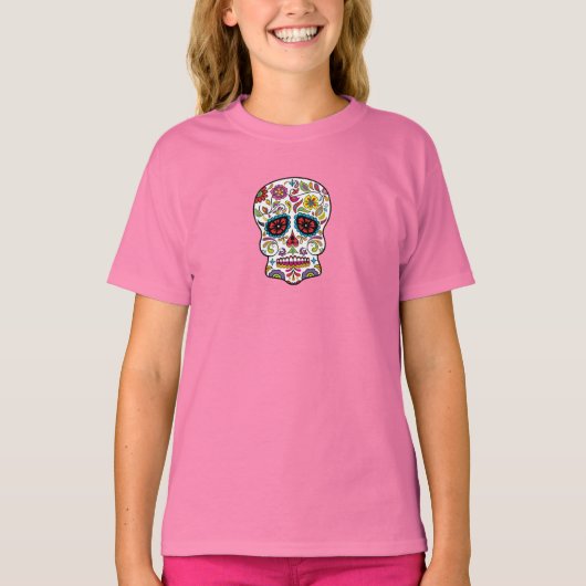 Rode bloemen Mexicaanse Tattoo Suikerschedel T-shirt (Voorkant)