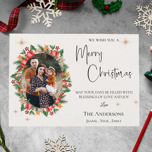 Rode Bloemen Multi Familie Foto's Vrolijk Kerstfee Briefkaart