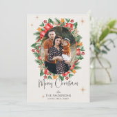 Rode Bloemen Multi Familie Foto's Vrolijk Kerstfee Feestdagenkaart (Staand voorkant)