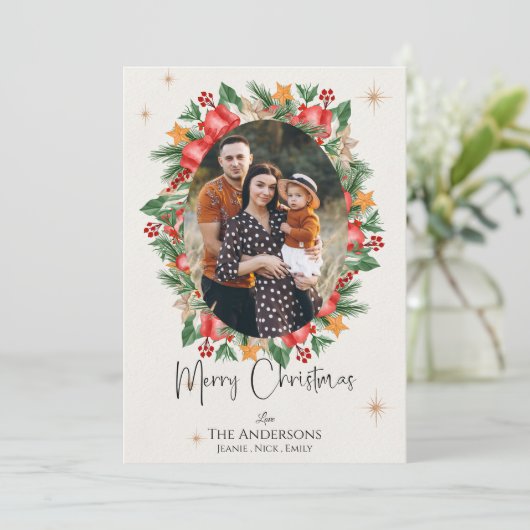 Rode Bloemen Multi Familie Foto's Vrolijk Kerstfee Feestdagenkaart (Staand voorkant)