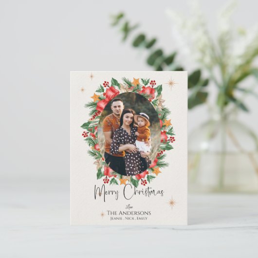 Rode Bloemen Multi Familie Foto's Vrolijk Kerstfee Feestdagenkaart (Staand voorkant)