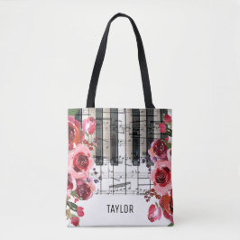 rode bloemen muzieknoten piano tote bag