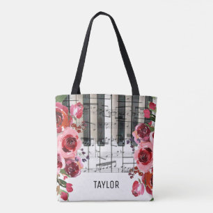 rode bloemen muzieknoten piano tote bag
