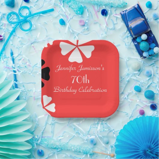Rode Bloemen, Naam 70e Verjaardagsfeestje Eenvoudi Papieren Bordje (Feest)