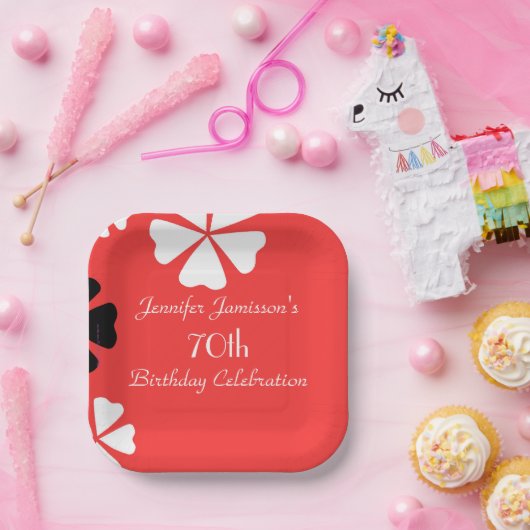 Rode Bloemen, Naam 70e Verjaardagsfeestje Eenvoudi Papieren Bordje (Feest)