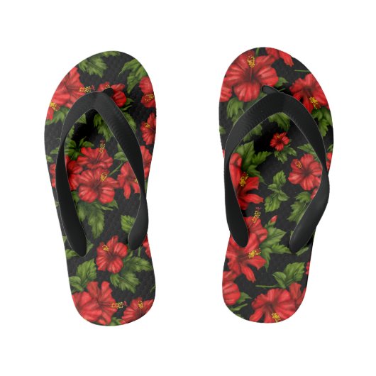 Rode bloemen op de zwarte achtergrond kinder teenslippers (Voetbed)