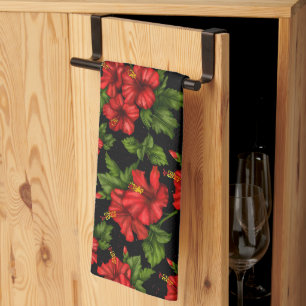 Rode bloemen op de zwarte achtergrond theedoek