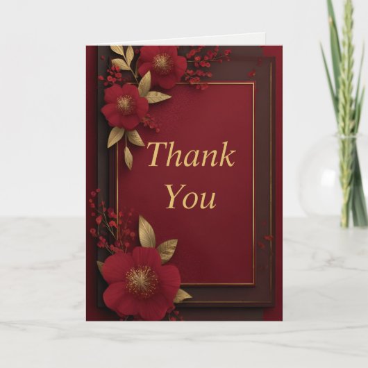 Rode Bloemen op Donkerrood & Goud Bedankt Card (Voorkant)