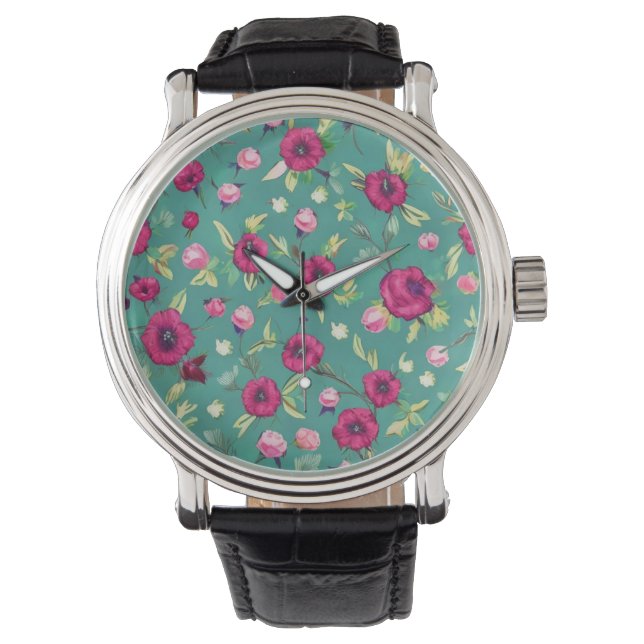 Rode bloemen op een groene achtergrond horloge (Voorkant)