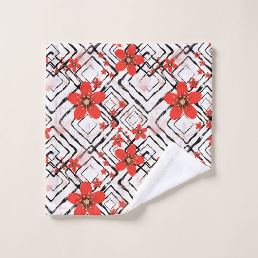 Rode bloemen op een witte, zwarte achtergrond. bad handdoek (Wasdoekje)