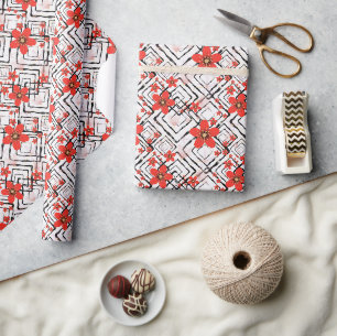 Rode bloemen op een witte, zwarte achtergrond. cadeaupapier