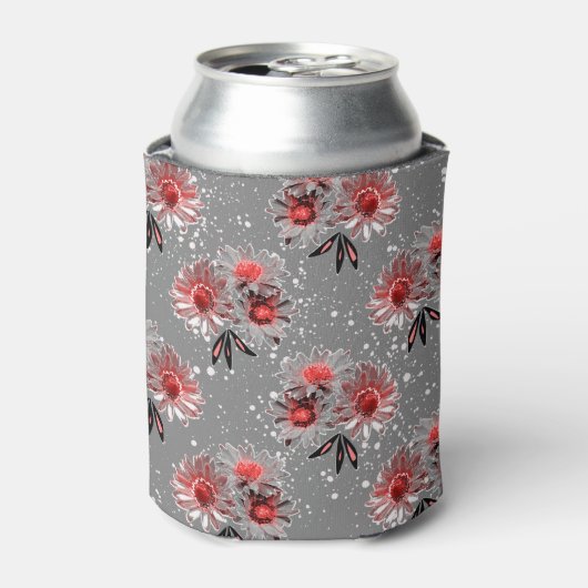 Rode bloemen op grijs blikjeskoeler (Blikje Voorkant)