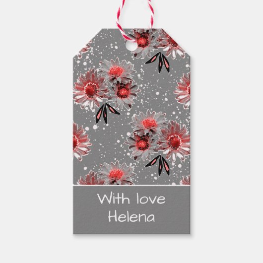 Rode bloemen op grijs cadeaulabel (Voorkant)