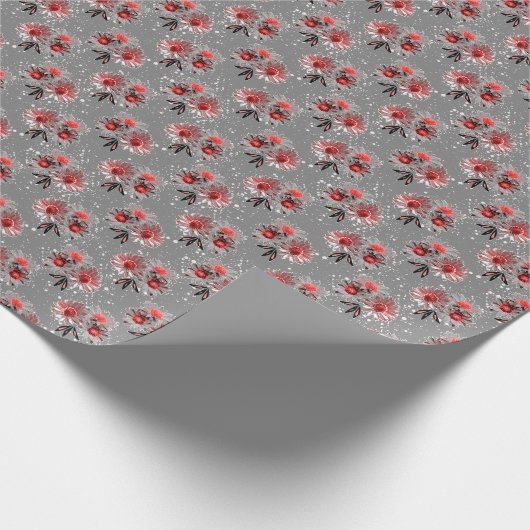Rode bloemen op grijs cadeaupapier (Hoek)