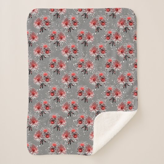 Rode bloemen op grijs sherpa deken (Voorkant)