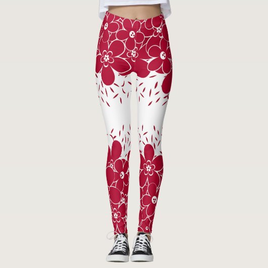 Rode bloemen op witte achtergrond leggings (Voorkant)