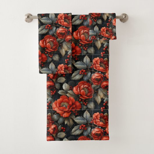 Rode bloemen op zwart bad handdoek (Insitu)