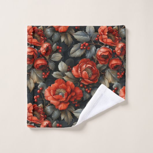 Rode bloemen op zwart bad handdoek (Wasdoekje)