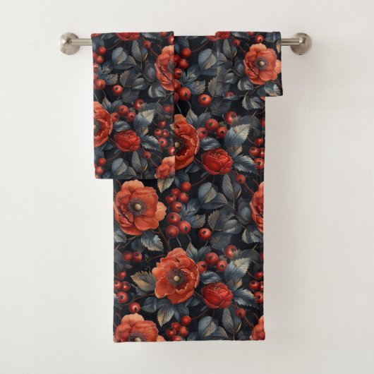 Rode bloemen op zwart bad handdoek (Insitu)