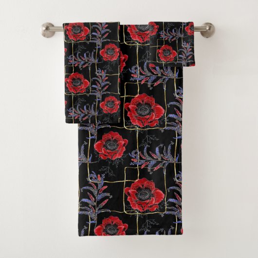Rode bloemen op zwart. bad handdoek (Insitu)