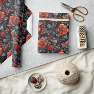 Rode bloemen op zwart cadeaupapier