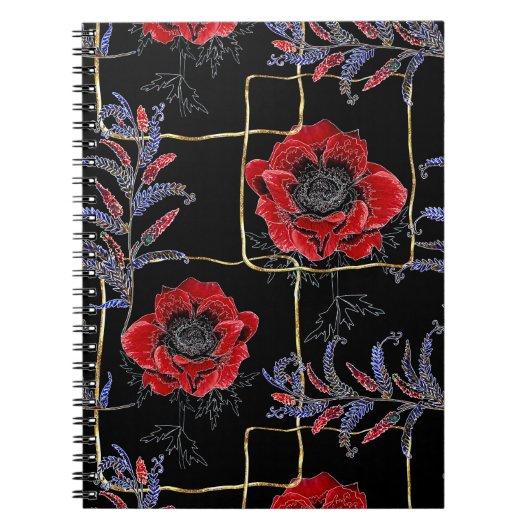 Rode bloemen op zwart. notitieboek (Voorkant)