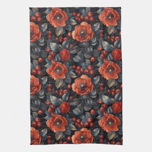 Rode bloemen op zwart theedoek (Verticaal)