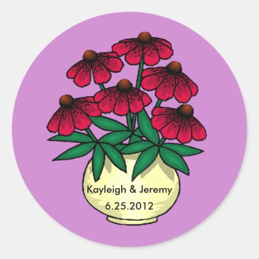 Rode bloemen Paarse achtergrond gepersonaliseerde  Ronde Sticker (Voorkant)