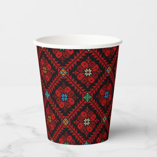 Rode bloemen Palestina Borduurwerk patronen Patroo Papieren Bekers (Voorkant)