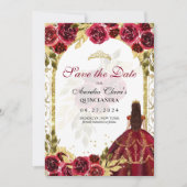Rode Bloemen Prinses Gouden Boog Quinceanera Aankondiging (Voorkant)