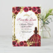 Rode Bloemen Prinses Gouden Boog Quinceanera Aankondiging (Staand voorkant)