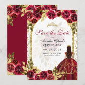 Rode Bloemen Prinses Gouden Boog Quinceanera Aankondiging (Voorkant / Achterkant)