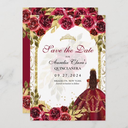 Rode Bloemen Prinses Gouden Boog Quinceanera Aankondiging (Voorkant / Achterkant)