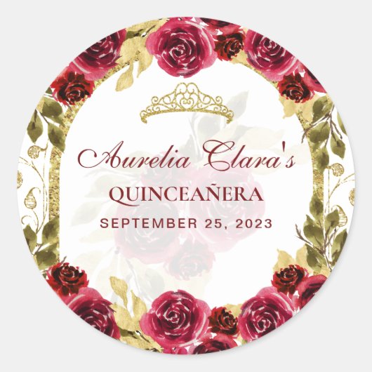 Rode Bloemen Prinses Gouden Boog Quinceanera Ronde Sticker (Voorkant)