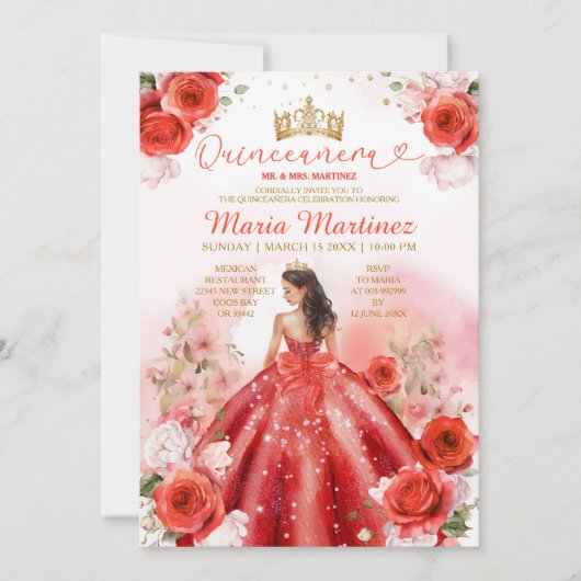 Rode Bloemen Prinses Jurk Gouden Kroon Quinceañera Kaart (Voorkant)