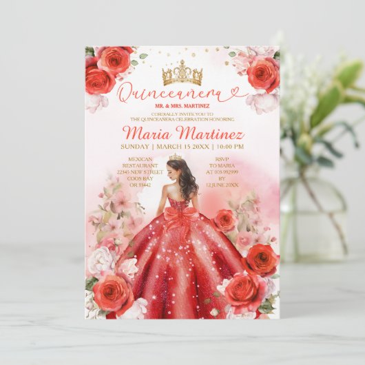 Rode Bloemen Prinses Jurk Gouden Kroon Quinceañera Kaart (Staand voorkant)